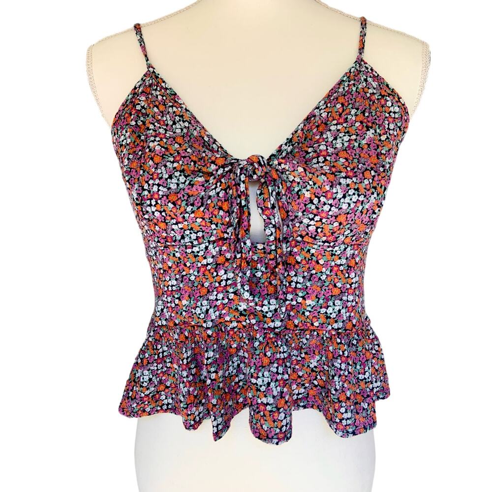 Patrons of Peace Red White Pink Floral Ruffle Tank Front Tie Crop Top SZ Large